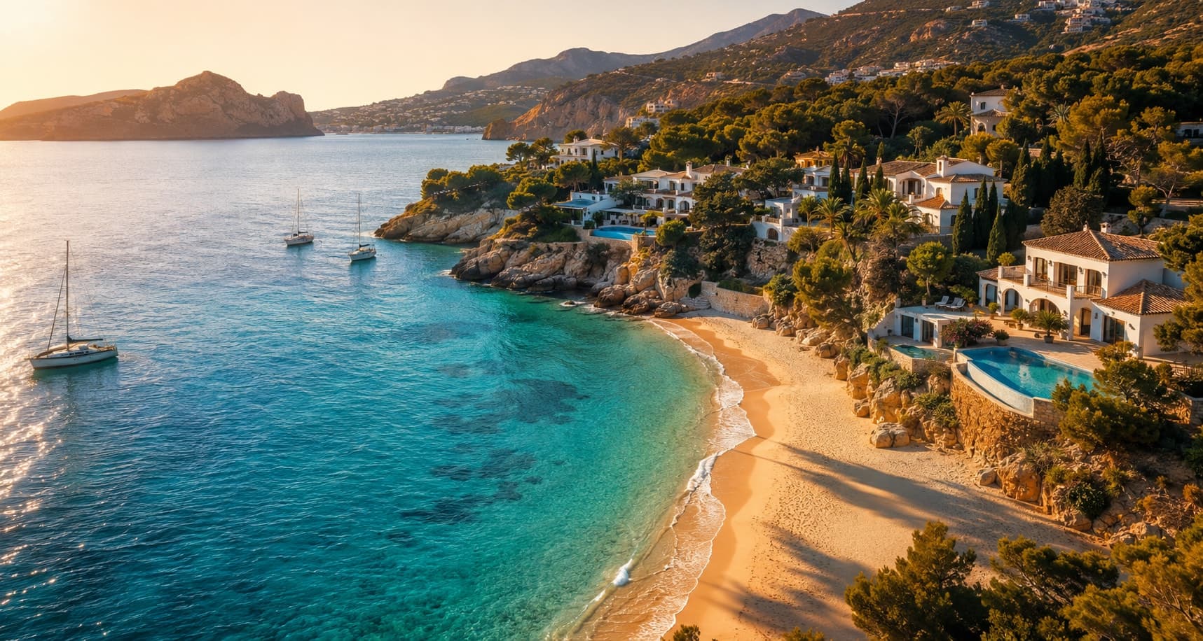 Sfeerbeeld van een baai aan de Spaanse Mediterrane kust met witte villa's boven het strand
