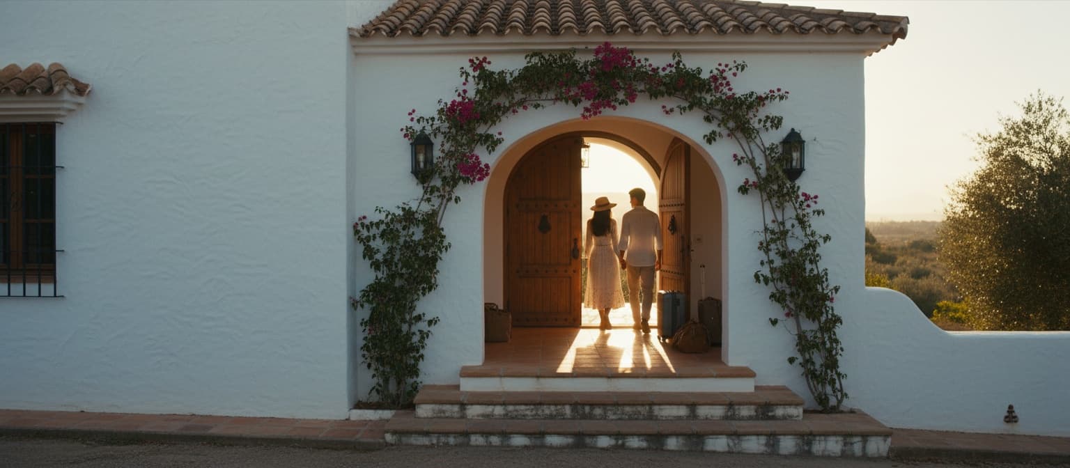 Een stel loopt hand in hand door de boogdeur van een wit Spaans huis naar binnen, met koffers bij de ingang, in het gouden avondlicht van het aankomstmoment