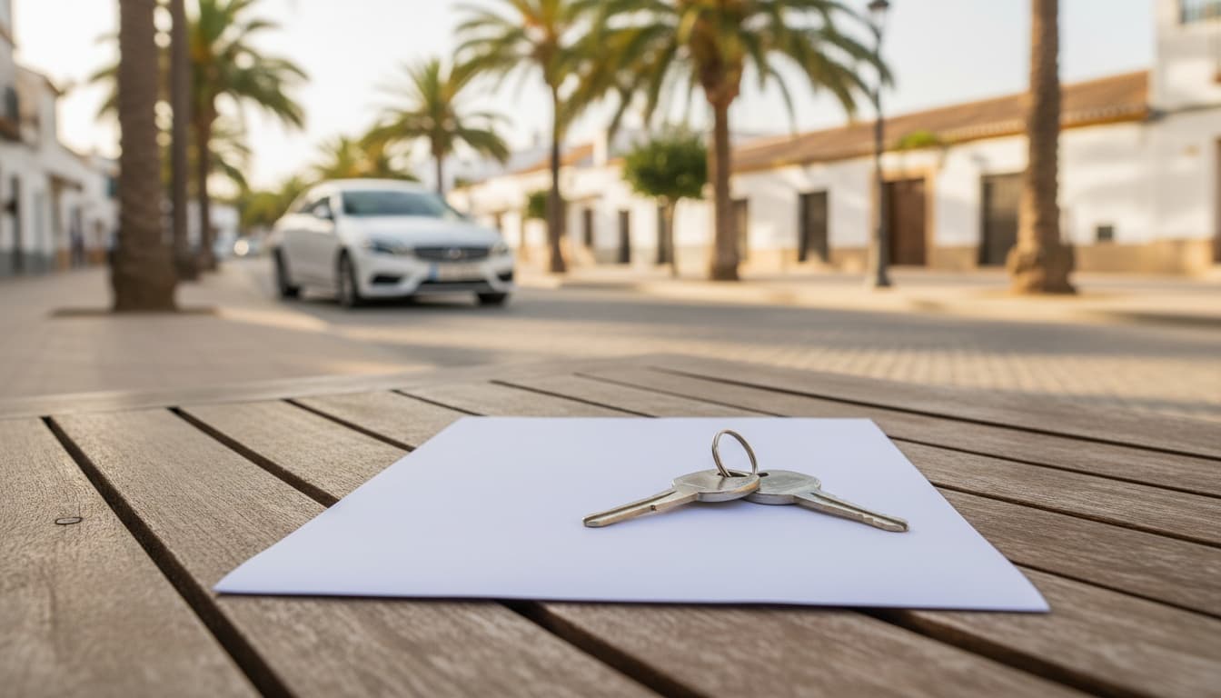 Autosleutels op een blanco document op een tafel, met een auto en palmbomen op een zonnige Spaanse straat op de achtergrond