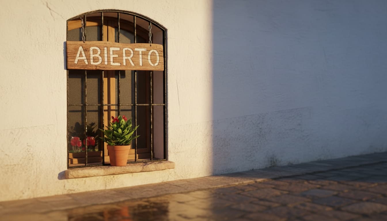Een houten 'ABIERTO' (open) bordje hangt voor een raam met een bloeiende plant, aan de gevel van een Spaans winkelpand