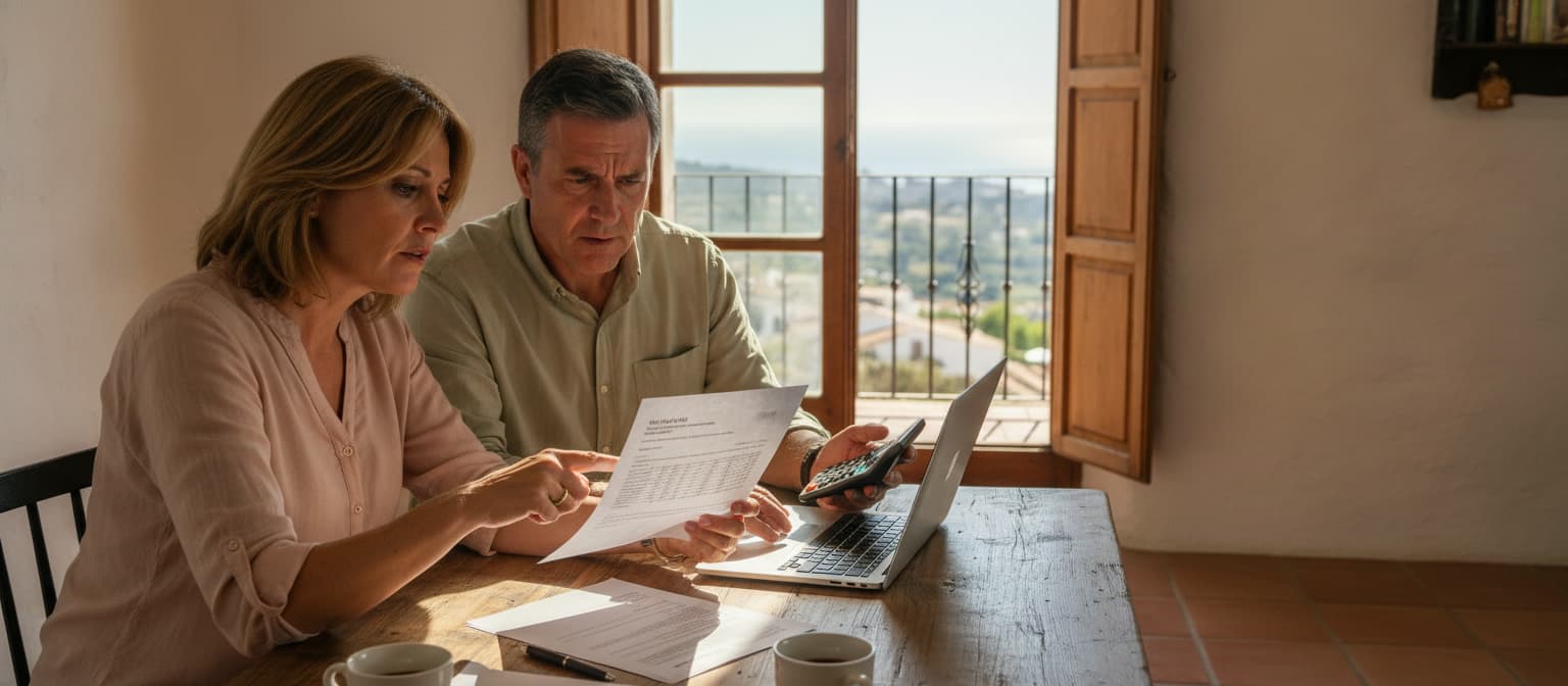 Een echtpaar bekijkt bezorgd een belastingbrief aan de keukentafel in een Spaans huis, met een rekenmachine en laptop erbij en uitzicht op zee en rode dakpannen door het raam