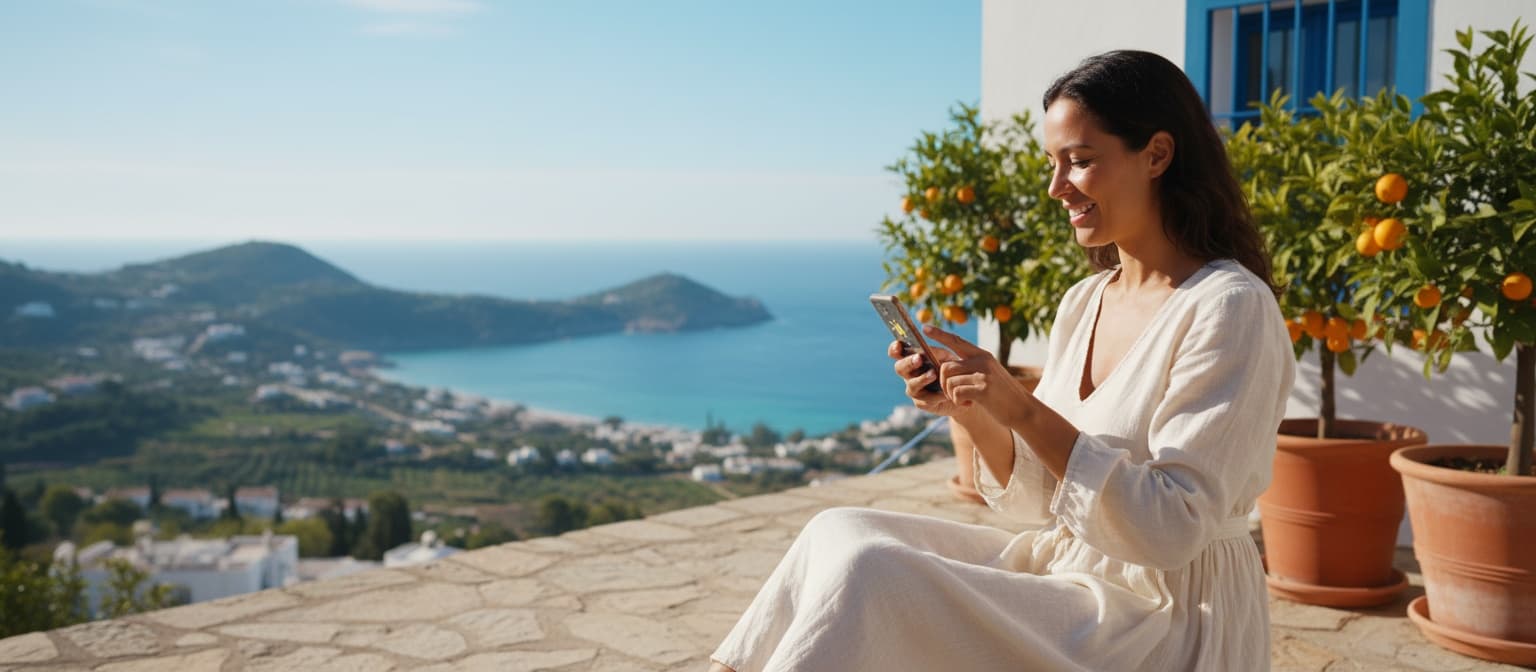 Een vrouw checkt glimlachend het weer op haar telefoon op een zonnig terras met sinaasappelbomen en uitzicht over de Spaanse kust