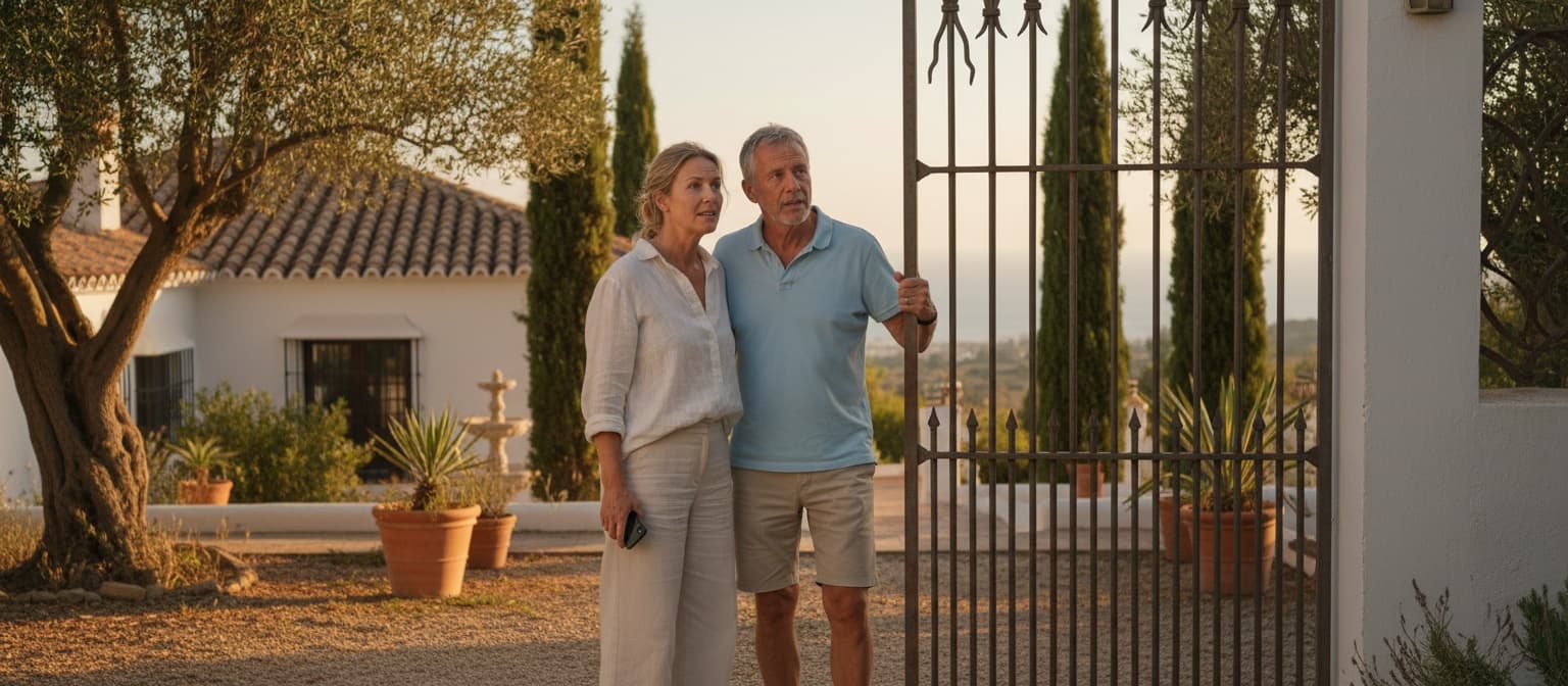 Een stel staat bij het open smeedijzeren hek van een witte Spaanse villa in het avondlicht en kijkt naar het huis dat op geen enkele woonsite te vinden was