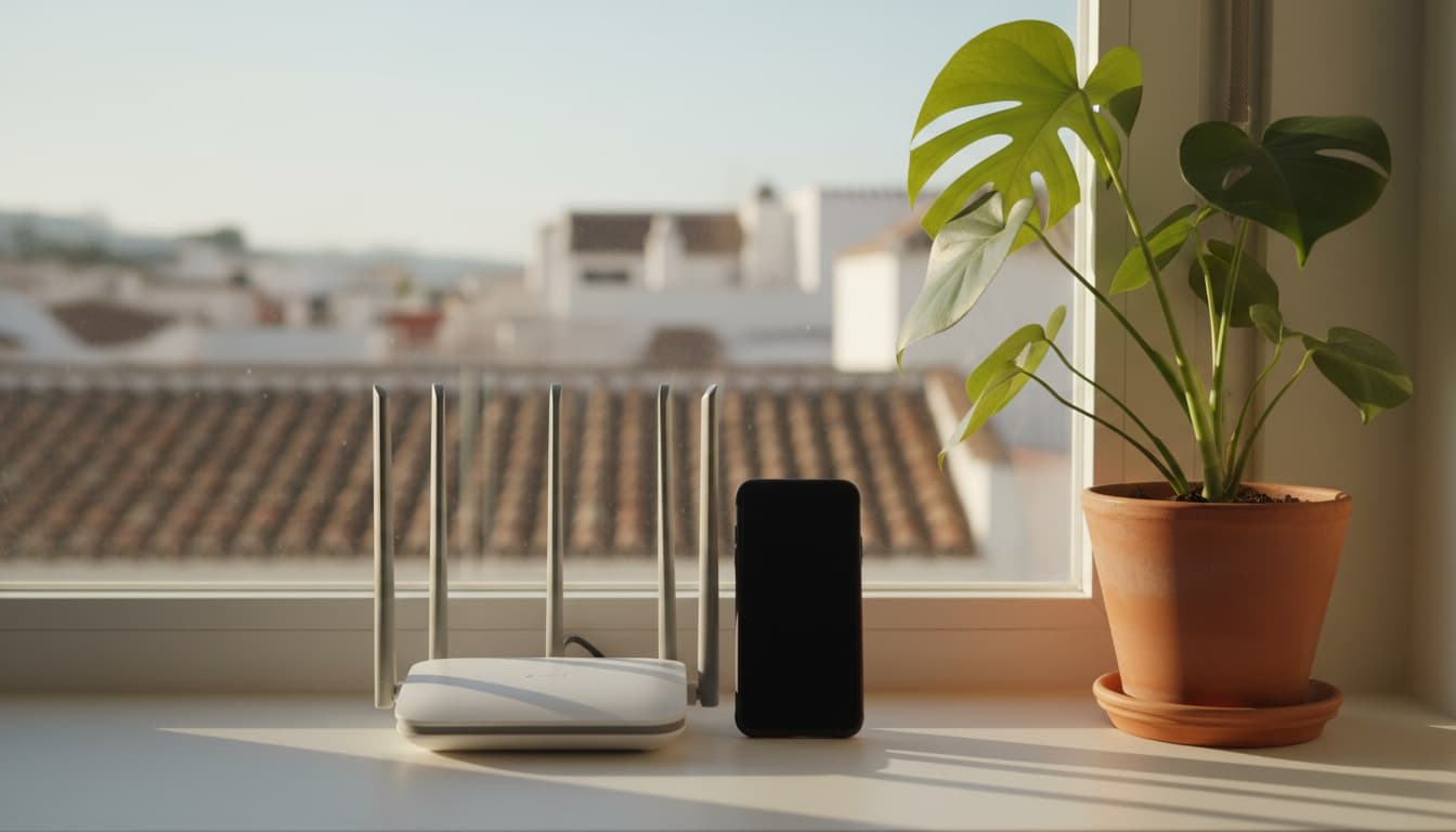 Een wifi-router en smartphone op een vensterbank met een monsteraplant, met Spaanse terracotta daken zichtbaar op de achtergrond