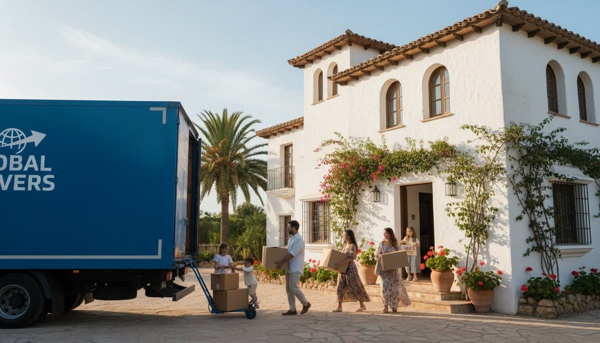 Een gezin draagt verhuisdozen van een verhuiswagen naar een wit Spaans huis met palmboom
