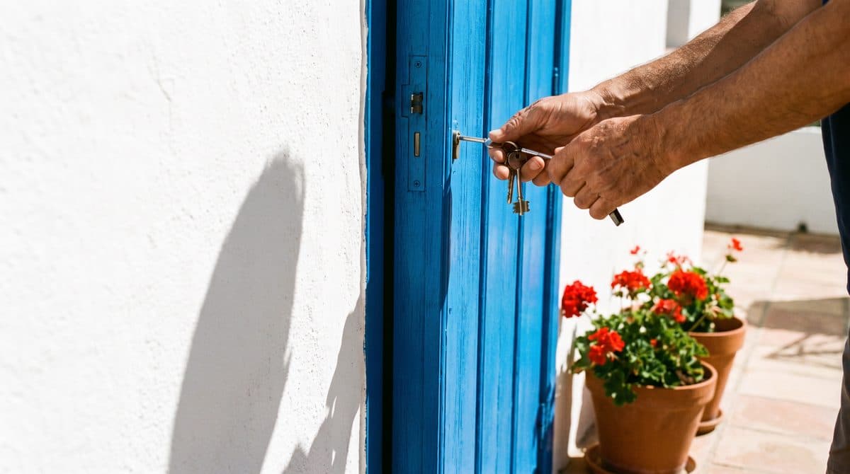 Een woningbeheerder opent de voordeur van een wit vakantiehuis