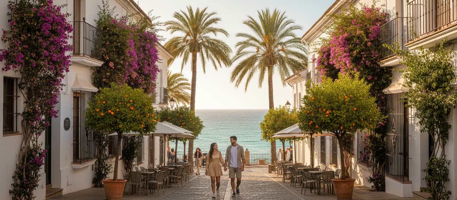 Een stel loopt hand in hand door een zonovergoten Spaans straatje met witte huizen, bougainville en sinaasappelbomen, met zeezicht aan het einde van de straat