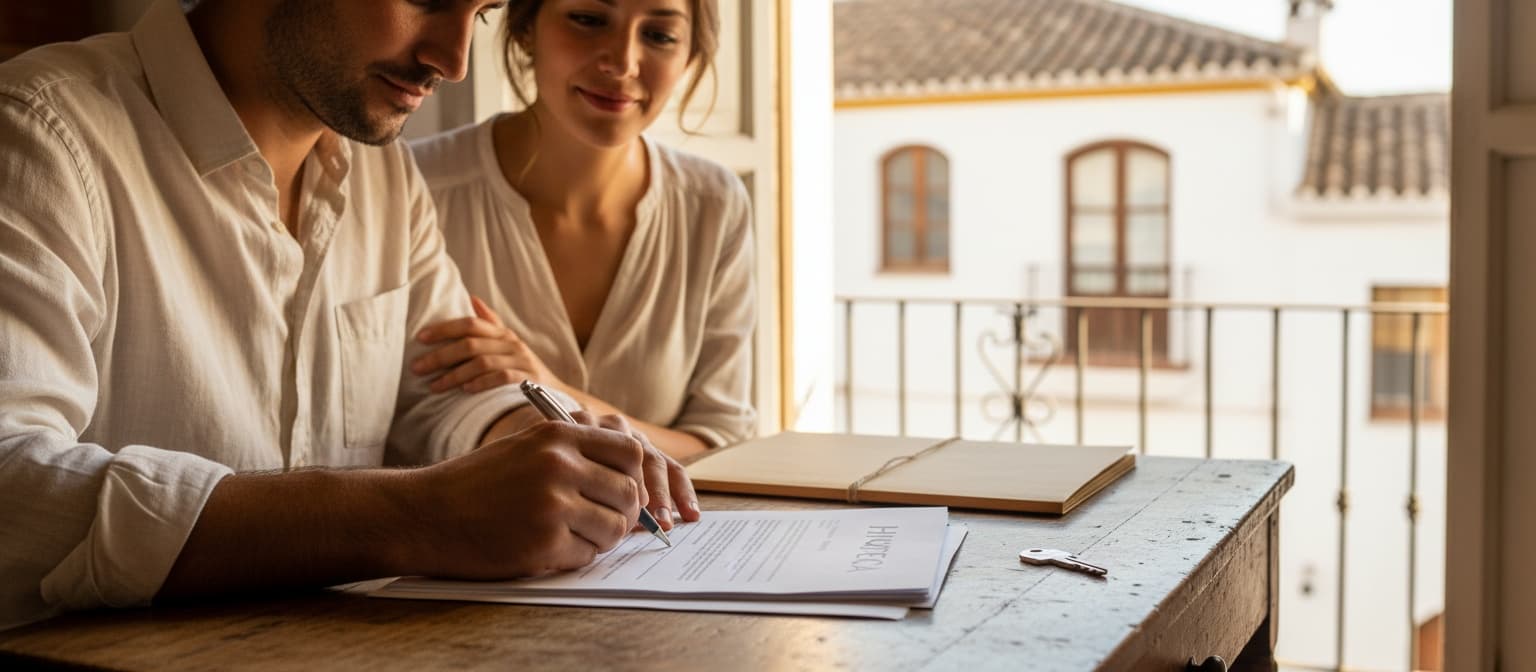 Een stel op een zonnig Spaans balkon zet een handtekening onder een hypotheekcontract, met een huissleutel op tafel en een wit huis met terracotta dak op de achtergrond
