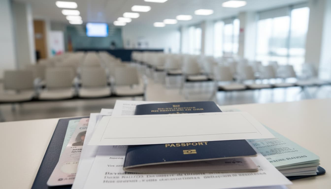 Een blanco genummerd wachtticket op een paspoort en identiteitsdocumenten op een balie, met een wachtruimte van een overheidskantoor op de achtergrond