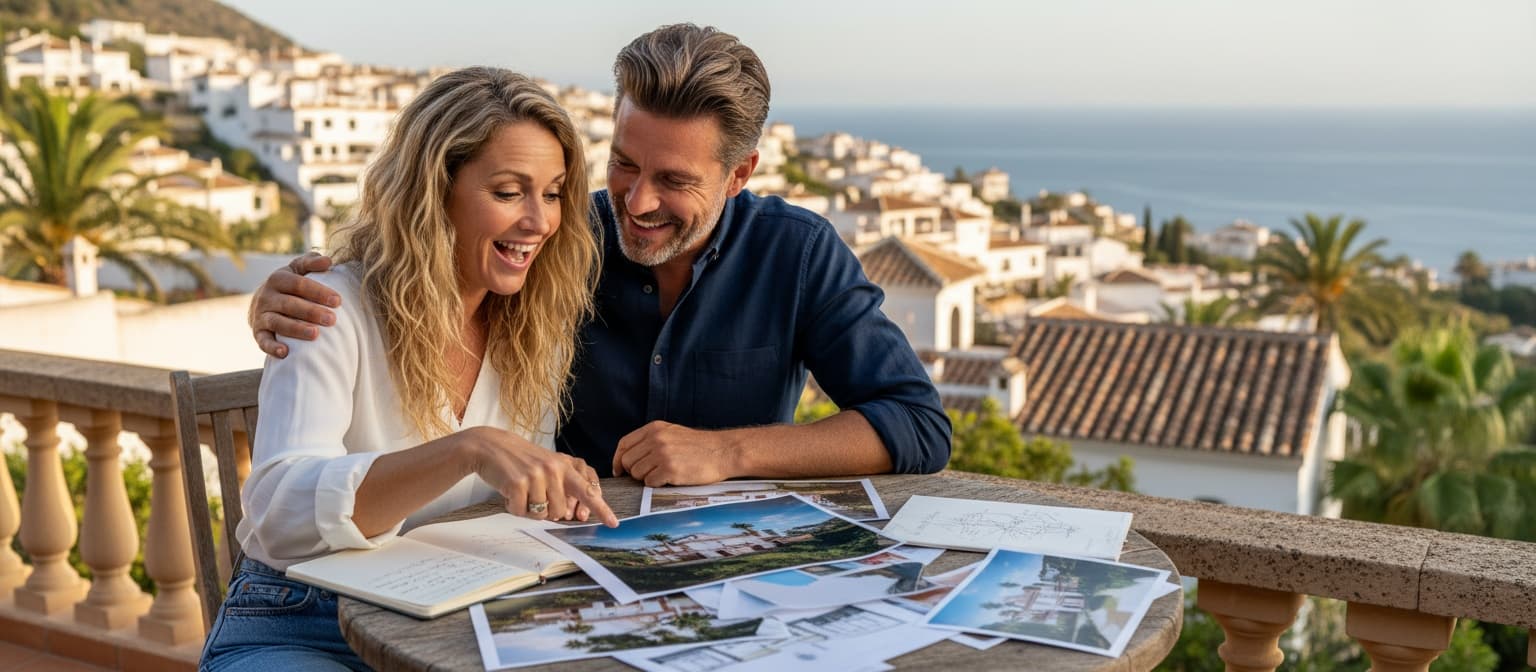 Een stel bekijkt lachend foto's van huizen aan een tafel op een zonnig terras met uitzicht over een wit Spaans kustdorp en de zee