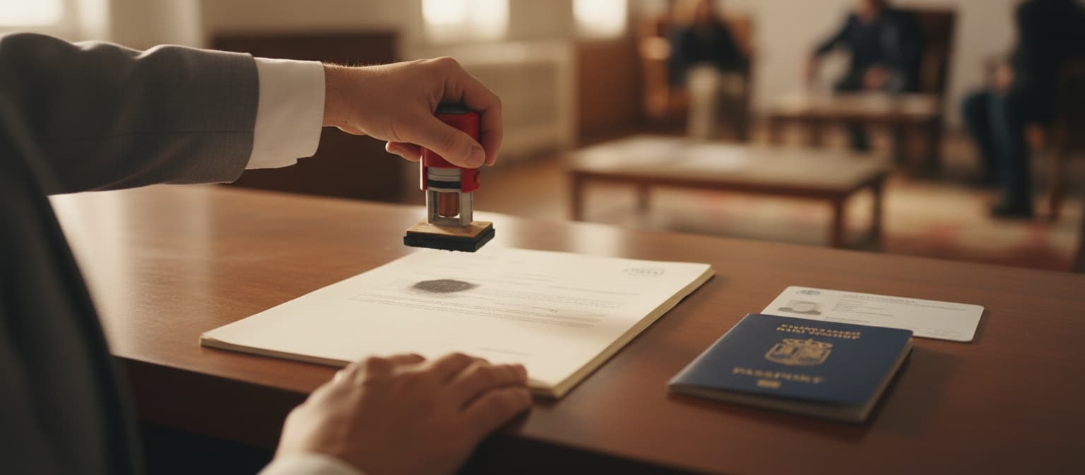 Een ambtenaar zet een stempel op een officieel document naast een paspoort en identiteitskaart, aan een balie in een overheidskantoor