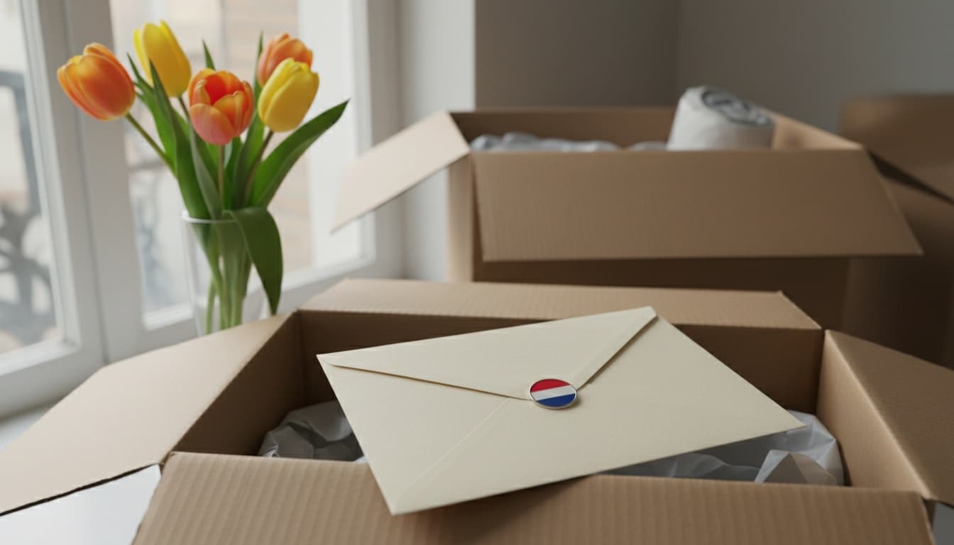 Een gestempelde envelop met een Nederlandse vlaggenspeld, bovenop een verhuisdoos, met tulpen ernaast