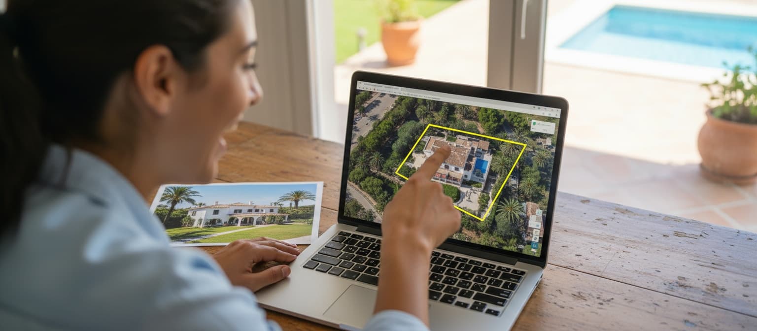 Een vrouw wijst enthousiast op een satellietkaart op haar laptop waar een kavel is uitgelicht, met een geprinte woningadvertentie van dezelfde villa op tafel ernaast