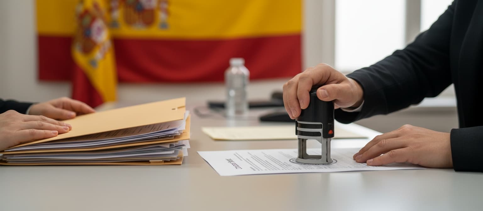 Een ambtenaar zet een officiële stempel op een document terwijl een aanvrager een map met papieren aanreikt, met een Spaanse vlag op de achtergrond