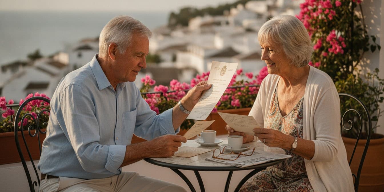 Een oudere man en vrouw zitten met een kop koffie op een zonovergoten terras in Spanje en bekijken samen papieren brieven