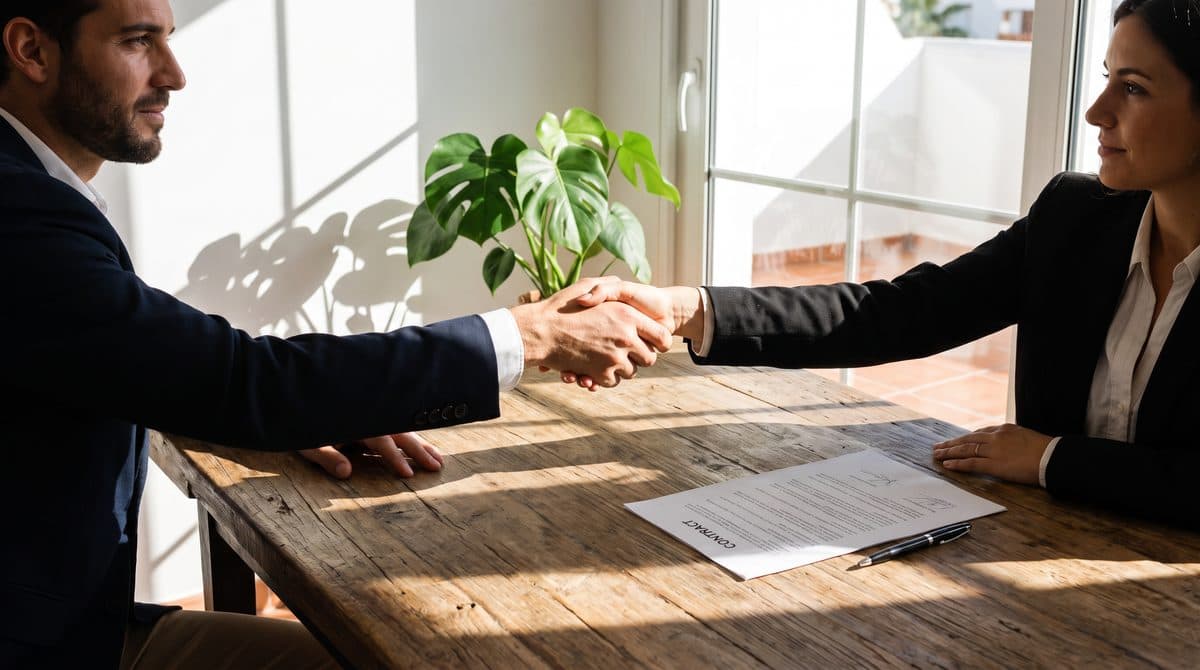 Twee mensen die elkaar de hand schudden boven een getekend contract