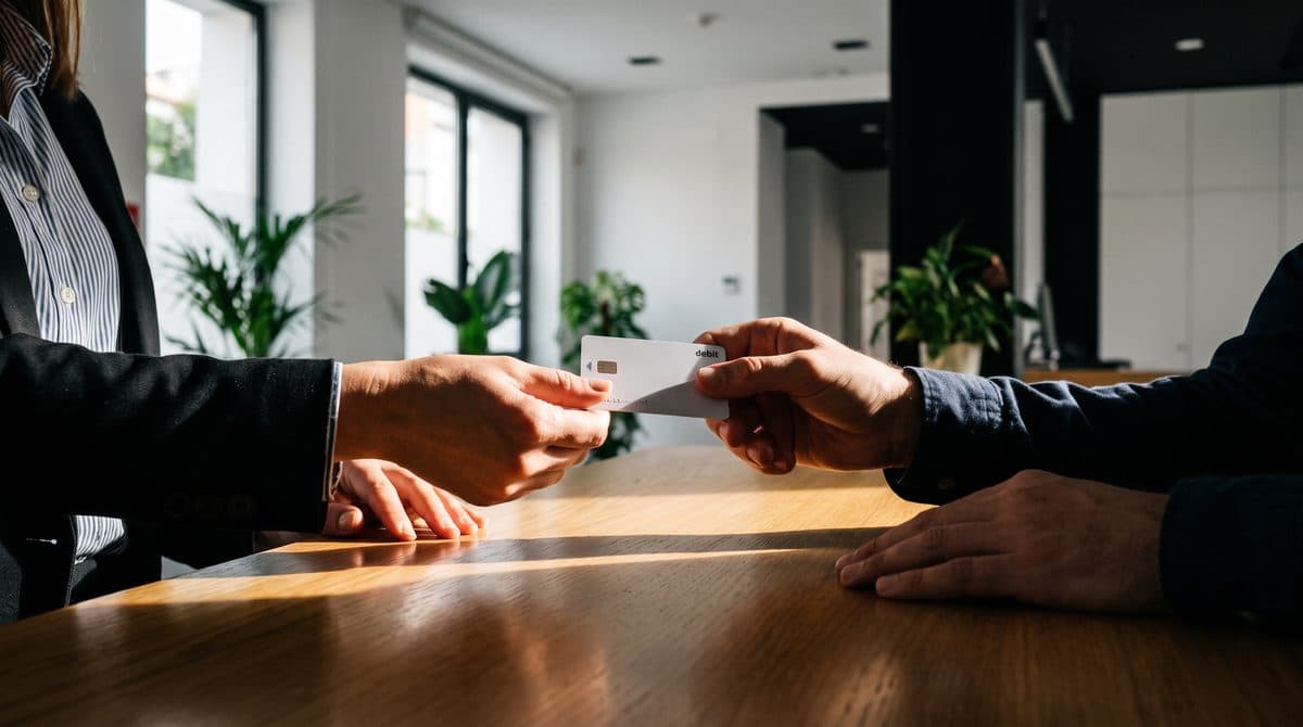 Een bankmedewerker overhandigt een bankpas aan een klant bij het loket