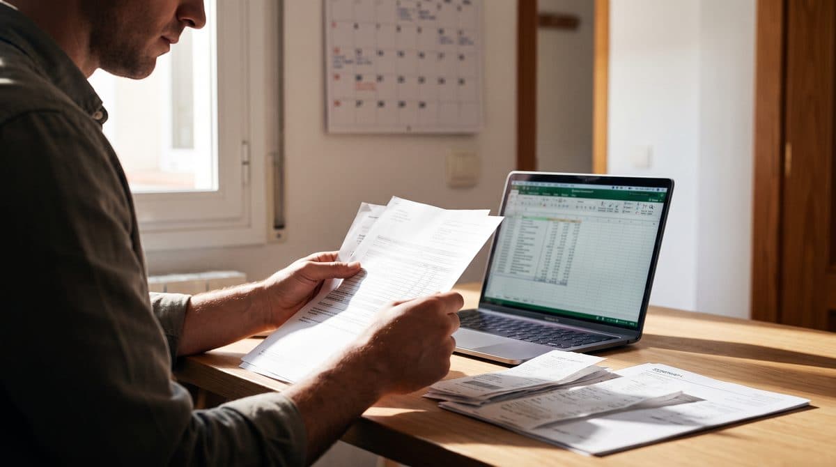 Iemand bekijkt belastingdocumenten naast een laptop aan een bureau thuis