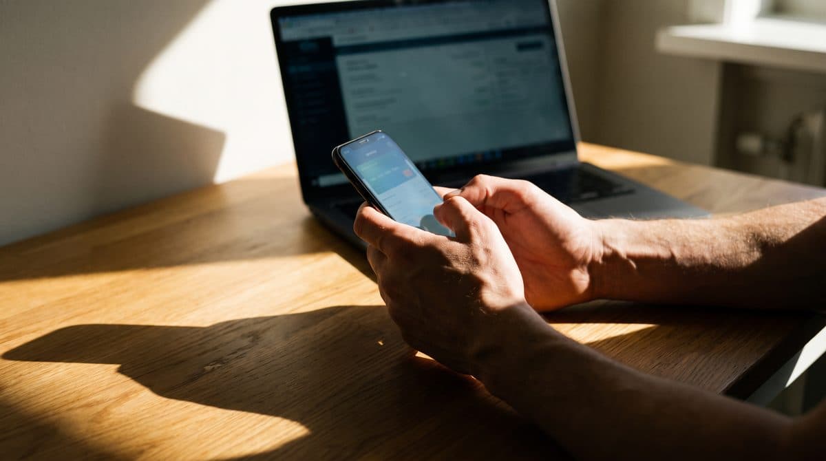Close-up van handen die een bank-app gebruiken op een smartphone aan de keukentafel