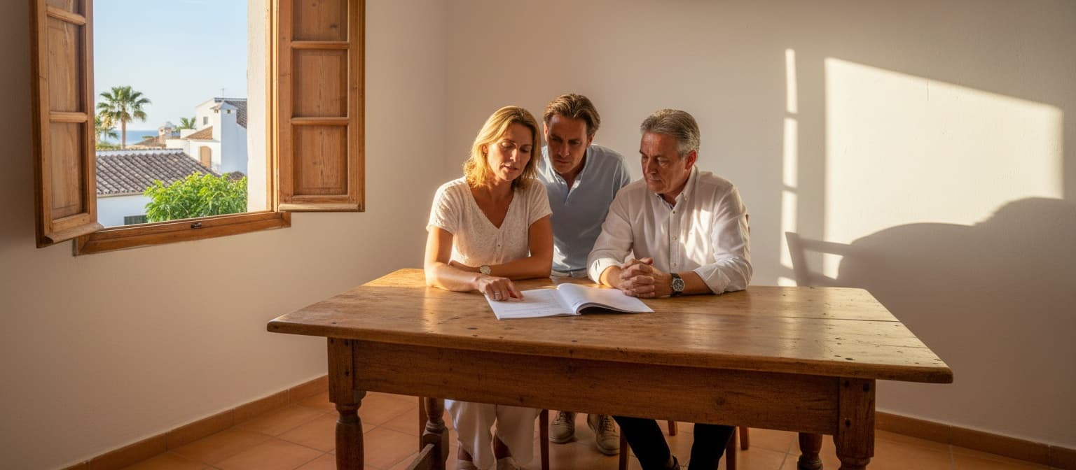 Een stel leest samen met een Spaanse makelaar het mandaatcontract na aan een houten tafel, in een wit kantoor met open houten luiken en zeezicht