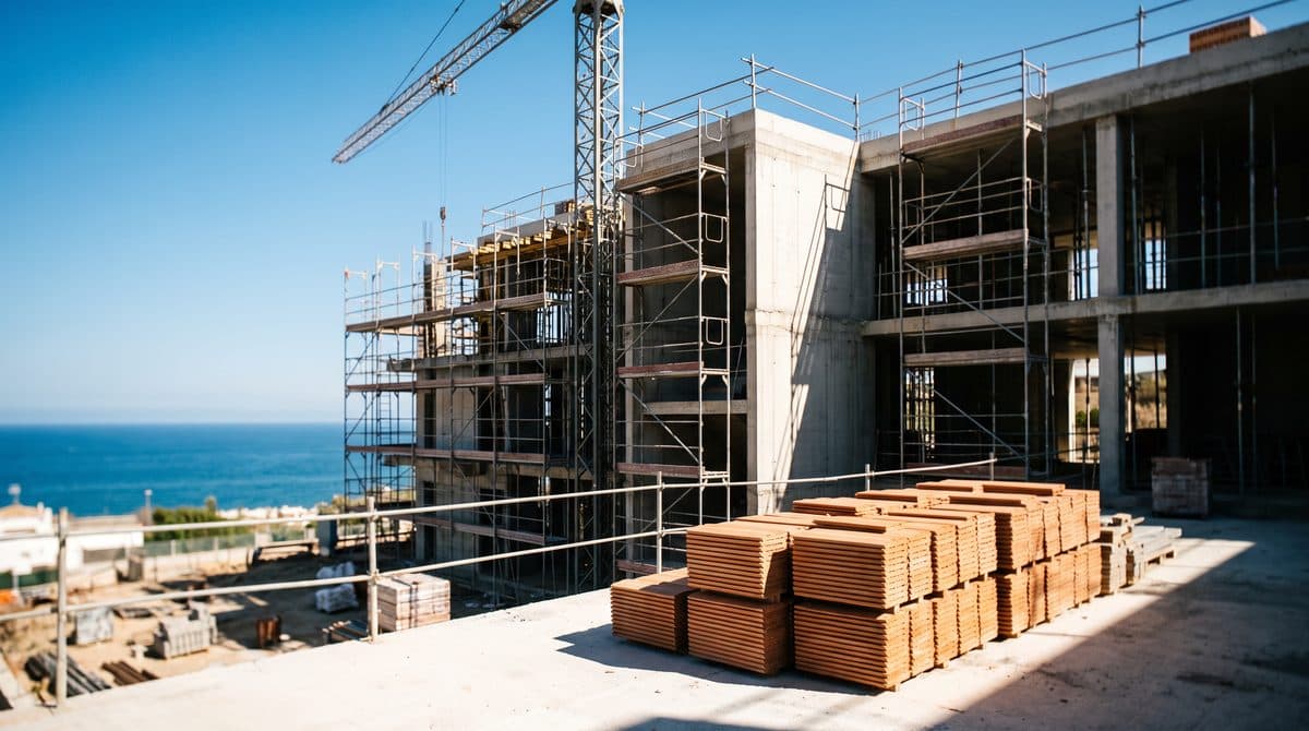 Een nieuwbouwproject aan de Spaanse kust in aanbouw, met bouwkraan