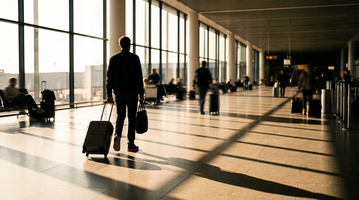 Een reiziger met een koffer op weg naar de vertrekhal van een luchthaven