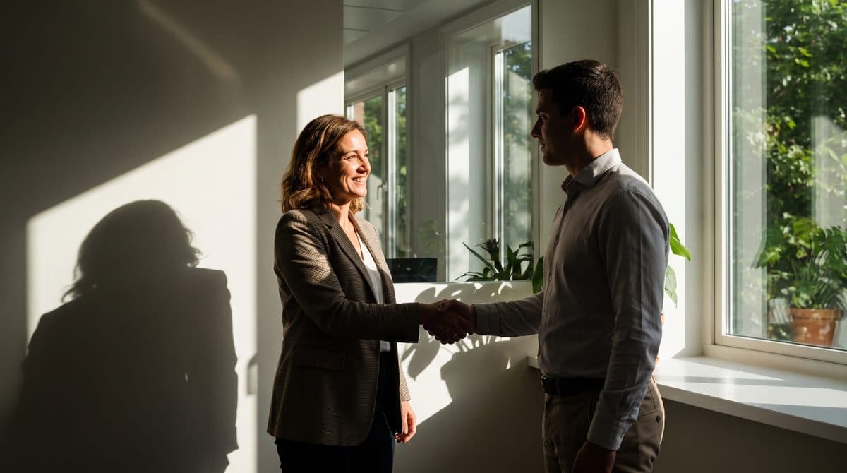 Een nieuwe werknemer schudt de hand van een manager in een modern Spaans kantoor